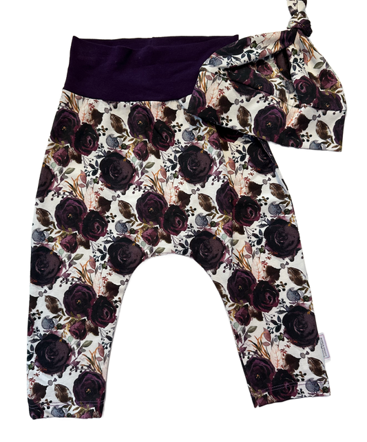 Dark Purple Floral Cuffless Harem Pants with Matching Top Knot Hat