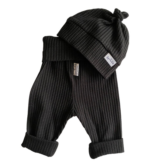 Black Waffle Knit Infant Lounge Set Pants & Top Knot Hat