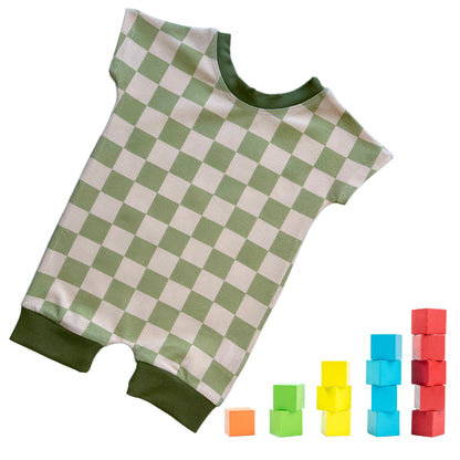 Checkered Snap-free Summer Rompers Sage Green Organic Cotton