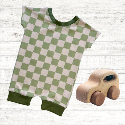 Checkered Snap-free Summer Rompers Sage Green Organic Cotton