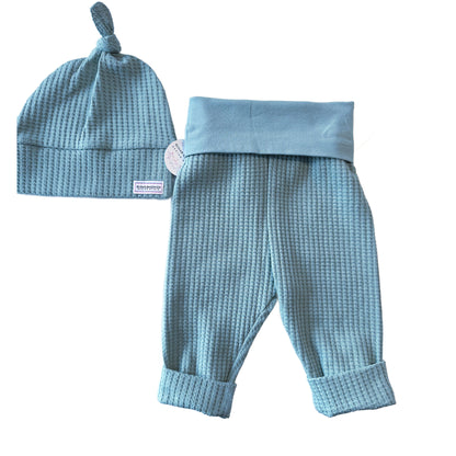 Jade Green Waffle Knit Infant Lounge Set Pants & Top Knot Hat