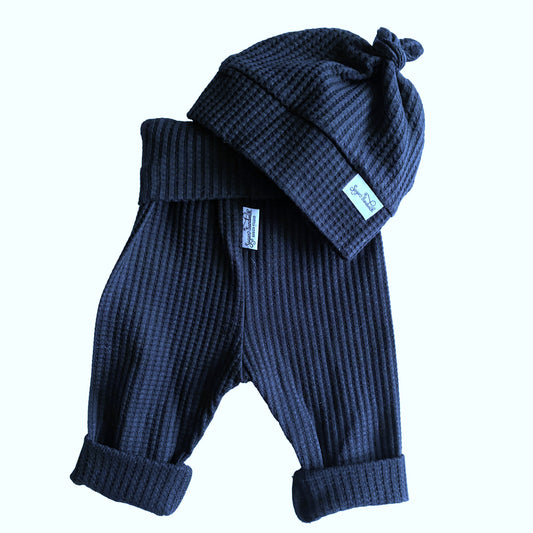 Navy Blue Waffle Knit Infant Lounge Set Pants & Top Knot Hat