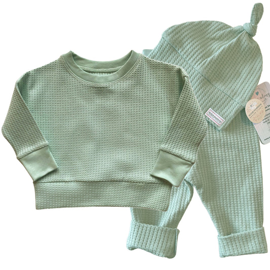 BABY BUNDLE Sage Green Waffle Knit Lounge Shirt and Pants with Top Knot Hat