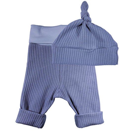 Blue Waffle Knit Infant Lounge Set Pants & Top Knot Hat