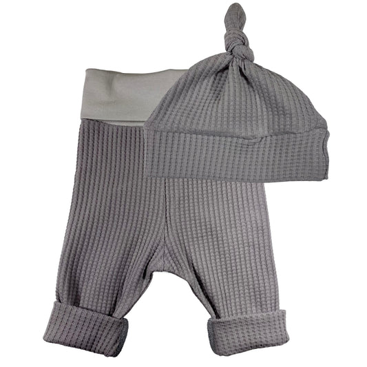 Grey Waffle Knit Infant Lounge Set Pants & Top Knot Hat