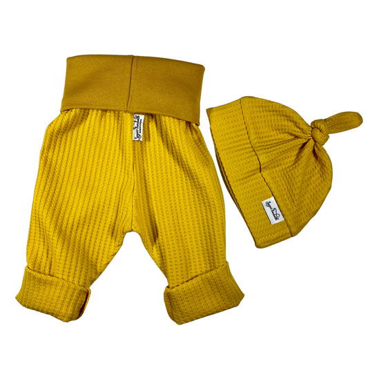 Mustard Yellow Waffle Knit Infant Lounge Set Pants & Top Knot Hat