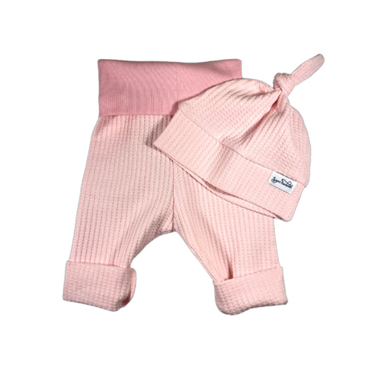 Light Pink Waffle Knit Infant Lounge Set Pants & Top Knot Hat