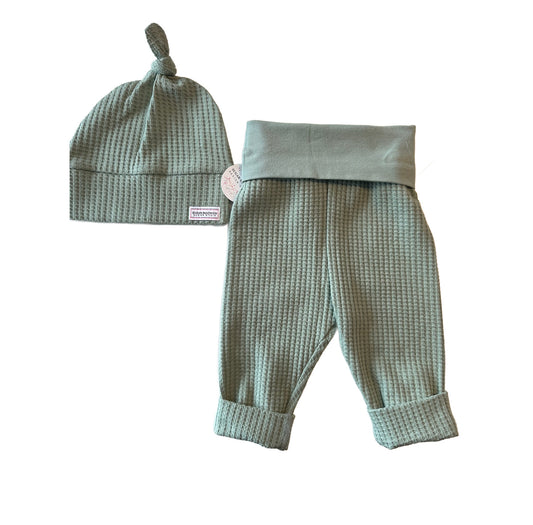 Sage Green Waffle Knit Infant Lounge Set Pants & Top Knot Hat