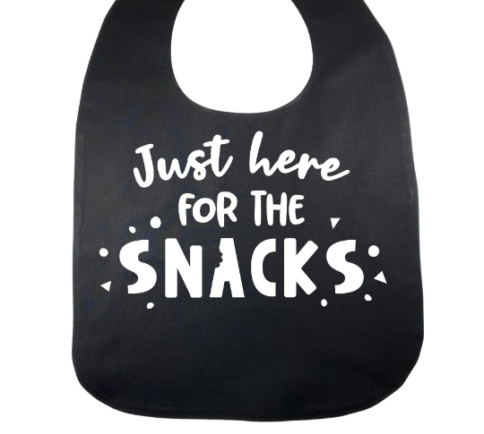 JUST HERE FOR THE SNACKS Adult sized Cover-up BIB with Imprinted Slogan